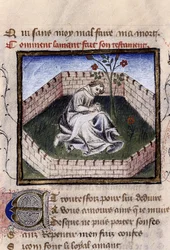 Voorstelling van een jonge jongen verliefd in de tuin der genoegens die de fontein van Narcissus ontdekt, miniatuur in 