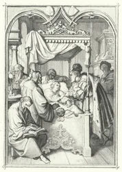 Johannes, keurvorst van Saksen, bezoekt Maarten Luther in het ziekenhuis (gravure)