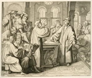 Luther en Ulrich Zwingli (1494-1531) discussiëren over het sacrament en komen niet tot overeenstemming, in Marburg 1529