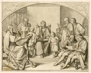 Luthers introductie van Duitse protestantse religieuze hymnen samen met zijn kinderen en vrienden onder leiding van Johannes Walther (1496-1570)