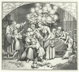 Maarten Luther en zijn familie genieten van het feestseizoen (gravure)