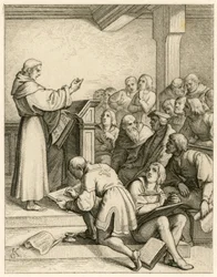 Maarten Luther geeft lezingen aan de universiteit van Wittenberg, voor hem de vice-kanselier Dr. Pollich en zijn vaderlijke vriend Johann von Staupitz (1460-1524)