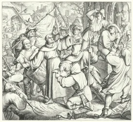 Maarten Luther preekt tegen de rebellen en de Boerenoorlog (gravure)