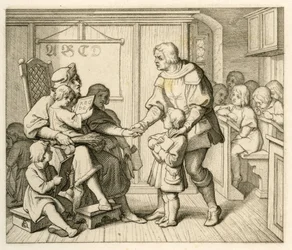 Maarten Luthers inschrijving op school in Mansfeld, in deze illustratie samen met zijn vader Hans