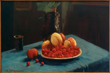 Fruitstilleven op blauwe tafelkleed