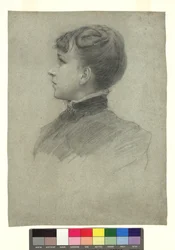Portret van Hermine, de zus van Gustav Klimt, in profiel naar links