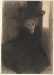 Portret van een dame met cape en hoed, 1897-1898