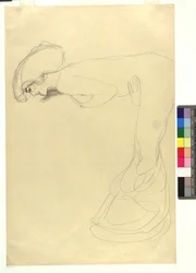 Studie zu einer nach vorne gebeugten weiblichen Gestalt im Profil nach links