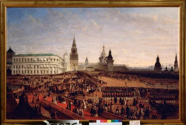 Militaire parade tijdens de kroning van keizer Alexander II in het Kremlin van Moskou, 18 februari 1855