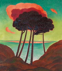 Pijnbomen met een rode wolk, ca. 1909