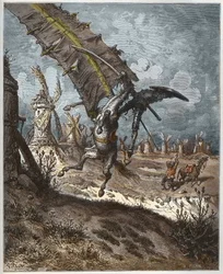 Don Quichot en de windmolens uit “Don Quichot van La Mancha” van Miguel Cervantes (1547-1616) (Don Quichot) - gegraveerd door Héliodore Joseph Pisan (1822-90) naar een tekening van Gustave Doré