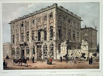 Het Café Amitie en het oude Hotel du Prince Frederic, Brussel, na de gevechten van 23-26 september 1830, gegraveerd door Jean Baptiste Madou (1796-1877)