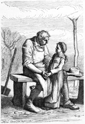 Cosette en Jean Valjean - in „Les Misérables“ van Victor Hugo, illustratie van Brion, uitgave Hetzel en Lacroix