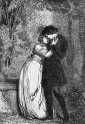 Cosette en haar verloofde Marius - in „Les Misérables“ van Victor Hugo, geïllustreerd door Brion, uitgegeven door Hetzel en Lacroix