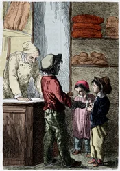 Gavroche geeft brood aan kinderen - in „Les Misérables“ van Victor Hugo, geïllustreerd door Brion, uitgegeven door Hetzel en Lacroix