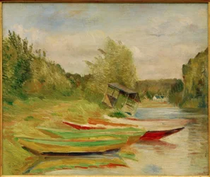 Boten en hut, oever van de Seine