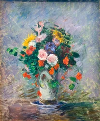 Boeket van Chinese asters, Oost-Indische kers en zonnebloemen in een vaas, c. 1887