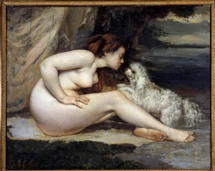 Naakte vrouw met hond. Portret van Léontine Renaude. Schilderij van Gustave Courbet (1819-1877)