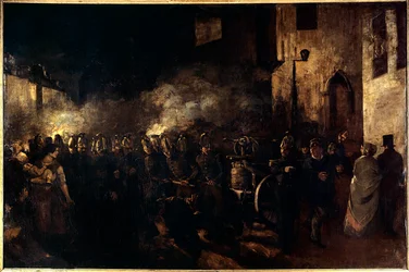 Brandweerlieden die een brand bestrijden. Schilderij door Gustave Courbet (1819-1877) 1850