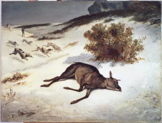 Hinde gedwongen in de sneeuw, 1866