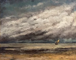 De kust met een zeilboot op de nadering van een storm, ca. 1869 (Olieverf op doek)