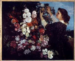 De vrouw met bloemen of het traliewerk. Schilderij van Gustave Courbet (1819-1877)