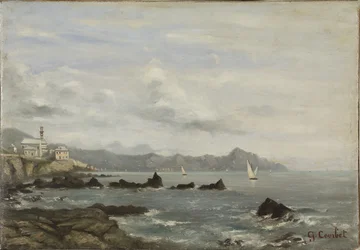 Gezicht op de kerk van Boccadasse in Genua en de landtong van Portofino