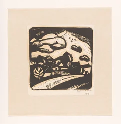 Landschap met huizen, weg en berg