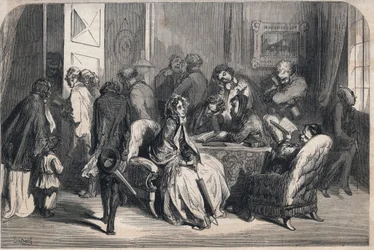 Een wachtkamer van een tandarts. Tekening door Gustave Dore (1832-1883). Gravure in 