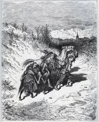 Een ploeger brengt Don Quichot en Rossinante terug naar het dorp - uit "Don Quichot van La Mancha" van Miguel Cervantes