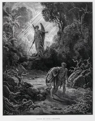 Adam en Eva door een engel uit de Hof van Eden verdreven, illustratie uit de Bijbel van Doré
