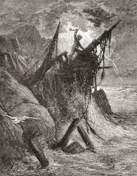 Naar een origineel werk van Gustave Dore voor het boek De Werklieden van de Zee door Victor Hugo. Uit Leven en Herinneringen van Gustave Dore, gepubliceerd 1885.