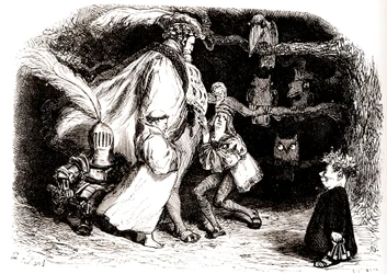Albian Camar, meester Aeditue van het Eiland Sonnante en zijn vogels - illustratie door Gustave Dore voor volledige werken van Francois Rabelais - Vijfde Boek van Pantagruel