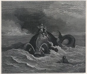 "Alcina (Alcina) en Renaud (Rinaldo) dragen Astolfo (Astholfo) op de rug van een walvis (Orlando furioso) door Ludovico Ariosto (1474-1533) 19e eeuw (gravure)