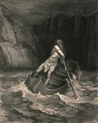 En, zie! Naar ons toe in een bark komt een oude man, ca. 1890