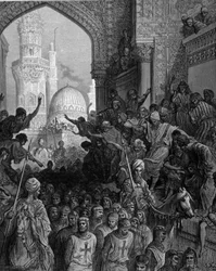Aankomst in Caïro van de gevangengenomen kruisvaarders, gravure door Gustave Doré