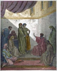 Doop van Cornelius de Centurio - Cornelius de Centurio ontvangt het geloof van Jezus Christus en wordt gedoopt door St. Peter. - Gravure in 