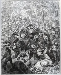Gevecht met muilezeldrijvers - De Yangois gebruikten hun knuppels - uit "Don Quichot de la Mancha" door Miguel Cervantes (1547-1616) - Houtsnede naar tekening van Gustave Dore