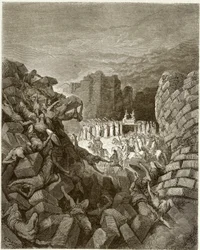 Bijbel: De val van de muren van Jericho. Gravure door Gustave Dore, omstreeks 1860.