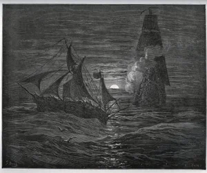 Gevangen verhaal. De Spaanse ontsnappingsboot wordt aangevallen door een Frans schip uit 