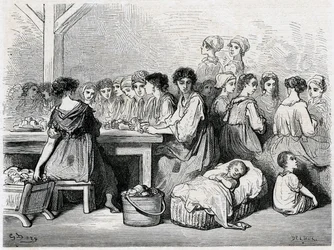 Cigarreras van Sevilla. Fabricage van sigaren, arbeiders, tabak. Tekening door Gustave Doré ter illustratie van 