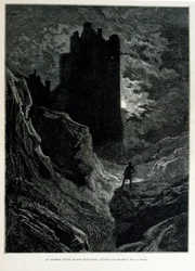 Croque-Mitaine; illustratie uit 1863, door Gustave Doré (1832-1883); Franse kunstenaar, graveur, illustrator. Croque-Mitaine (De boeman) een kwaadaardig personage gepresenteerd aan kinderen om hen bang te maken en zo wijzer te maken.
