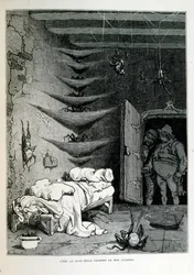 Croque-Mitaine; illustratie uit 1863, door Gustave Doré (1832-1883); Franse kunstenaar, graveur, illustrator. Croque-Mitaine (De boeman) een kwaadaardig personage gepresenteerd aan kinderen om hen bang te maken en zo wijzer te maken.