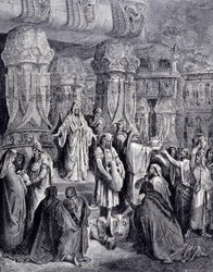 Cyrus II de Grote (580 v.Chr. - 530 v.Chr.) bevrijdde de gevangengenomen volkeren bij zijn aankomst in Babylon in 539 v.Chr. en gaf de Joodse mensen de heilige vaten terug die als buit waren meegenomen uit de tempel van Jeruzalem. Gravure door Gustave Doré