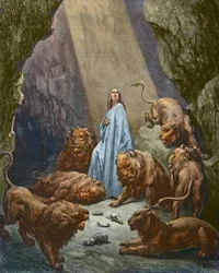 Daniel wordt in de leeuwenkuil gegooid - Daniel in de leeuwenkuil - gravure door Gustave Doré - later ingekleurd
