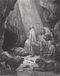 Daniël in de leeuwenkuil, Daniël 6:16-17, illustratie uit Dorés De Heilige Bijbel, gegraveerd door Piaud, 1866
