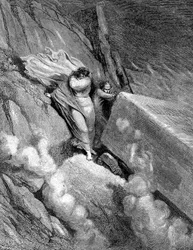 Dante en Virgil aan de rand van de afgrond waaruit een stinkende geur opsteeg, 1863