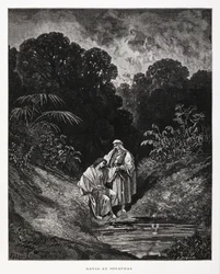 David en Jonathan, heldenfiguren van het Koninkrijk Israël, die een vriendschapsverbond sloten zoals opgetekend in de boeken van Samuel, Illustratie uit de Dore Bijbel