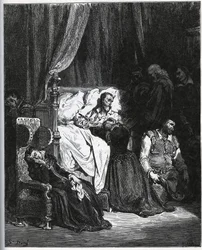 Dood van Don Quichot [Omringd door zijn nicht, zijn huishoudster, Sancho Panza, de pastoor, de barbier en de bachelor Samson Carrasco - uit 