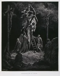 Afdaling van het kruis, de afzetting van Christus, Illustratie uit de Dore Bijbel